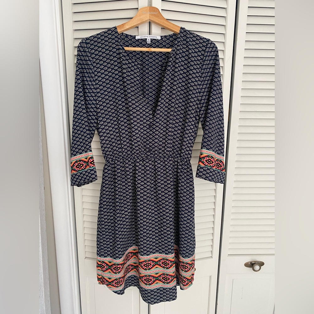 Fun, Flowy Navy and Orange Patterned Dress